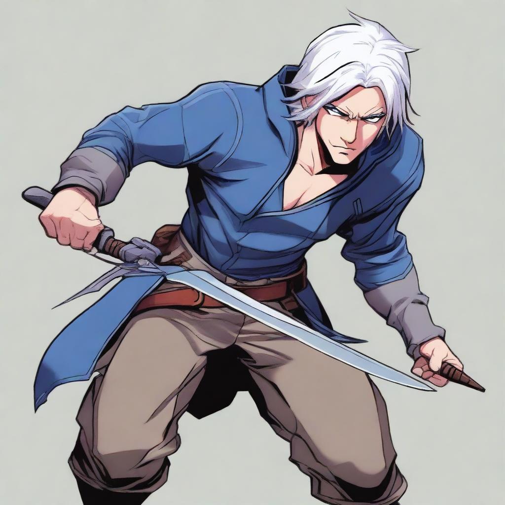 A detailed illustration of a male rogue character with silver hair and blue eyes, holding a pair of scissors