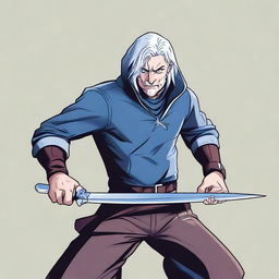 A detailed illustration of a male rogue character with silver hair and blue eyes, holding a pair of scissors