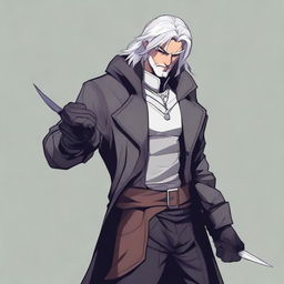 A detailed illustration of a male rogue character with silver hair, holding a pair of scissors