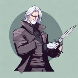 A detailed illustration of a male rogue character with silver hair, holding a pair of scissors