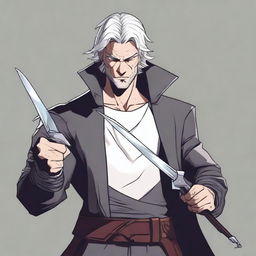 A detailed illustration of a male rogue character with silver hair, holding a pair of scissors