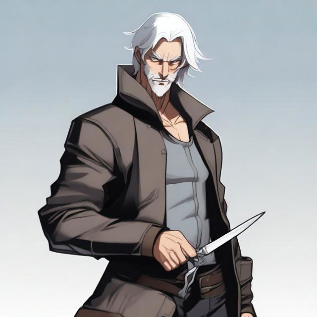 A detailed illustration of a male rogue character with silver hair, holding a pair of scissors