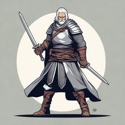 A detailed illustration of a medieval warrior with silver hair, holding a pair of scissors