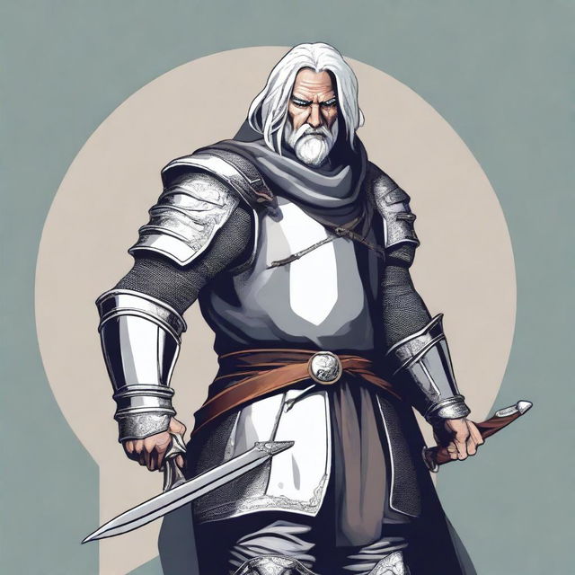 A detailed illustration of a medieval warrior with silver hair, holding a pair of scissors