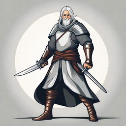 A detailed illustration of a medieval warrior with silver hair, holding a pair of scissors