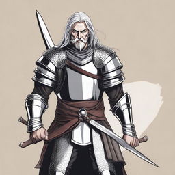 A detailed illustration of a medieval warrior with silver hair, holding a pair of scissors