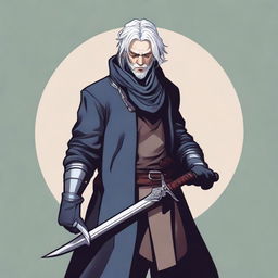 A detailed illustration of a medieval rogue with silver hair, holding a pair of scissors