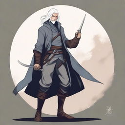 A detailed illustration of a medieval rogue with silver hair, holding a pair of scissors