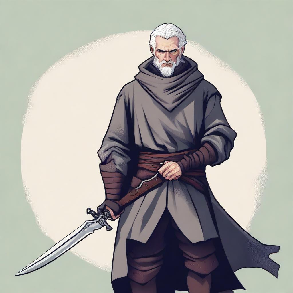 A detailed illustration of a medieval rogue with silver hair, holding a pair of scissors