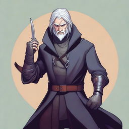 A detailed illustration of a medieval rogue with silver hair, holding a pair of scissors