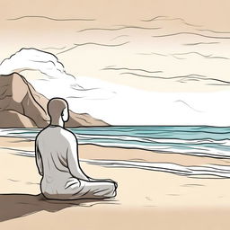 Create a drawing of a person meditating on a beach