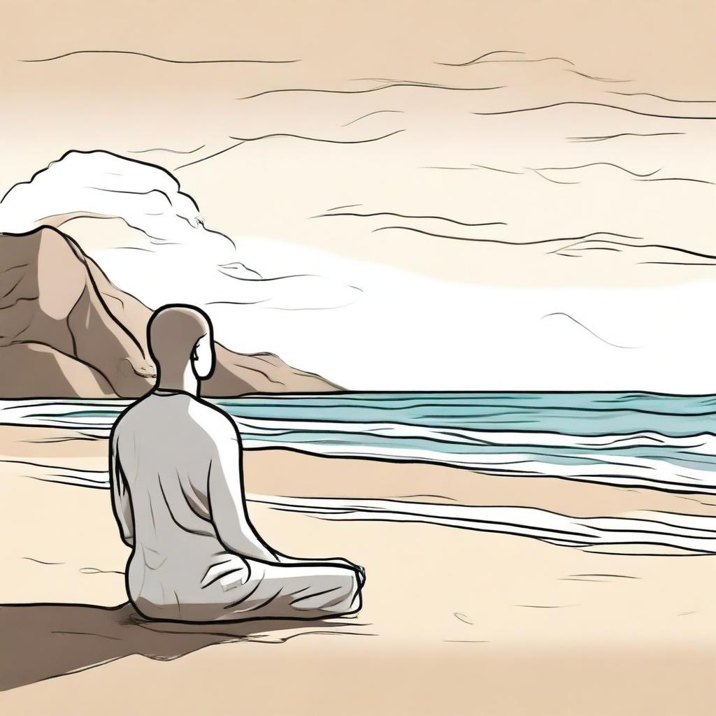 Create a drawing of a person meditating on a beach
