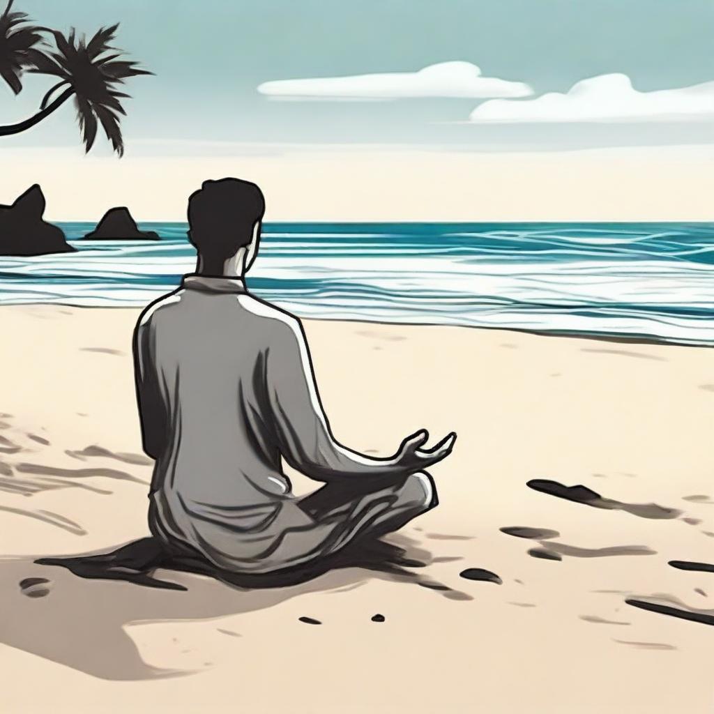 Create a drawing of a person meditating on a beach