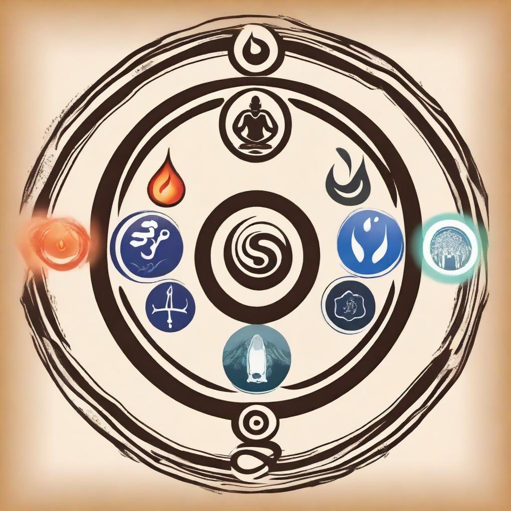 Create an image featuring a meditation symbol surrounded by the symbols of water, air, fire, and land