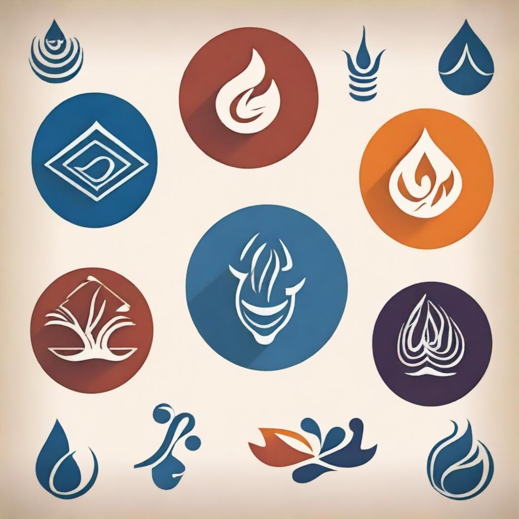 Create an image featuring the symbols of water, air, fire, and land