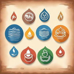 Create an image featuring the symbols of water, air, fire, and land