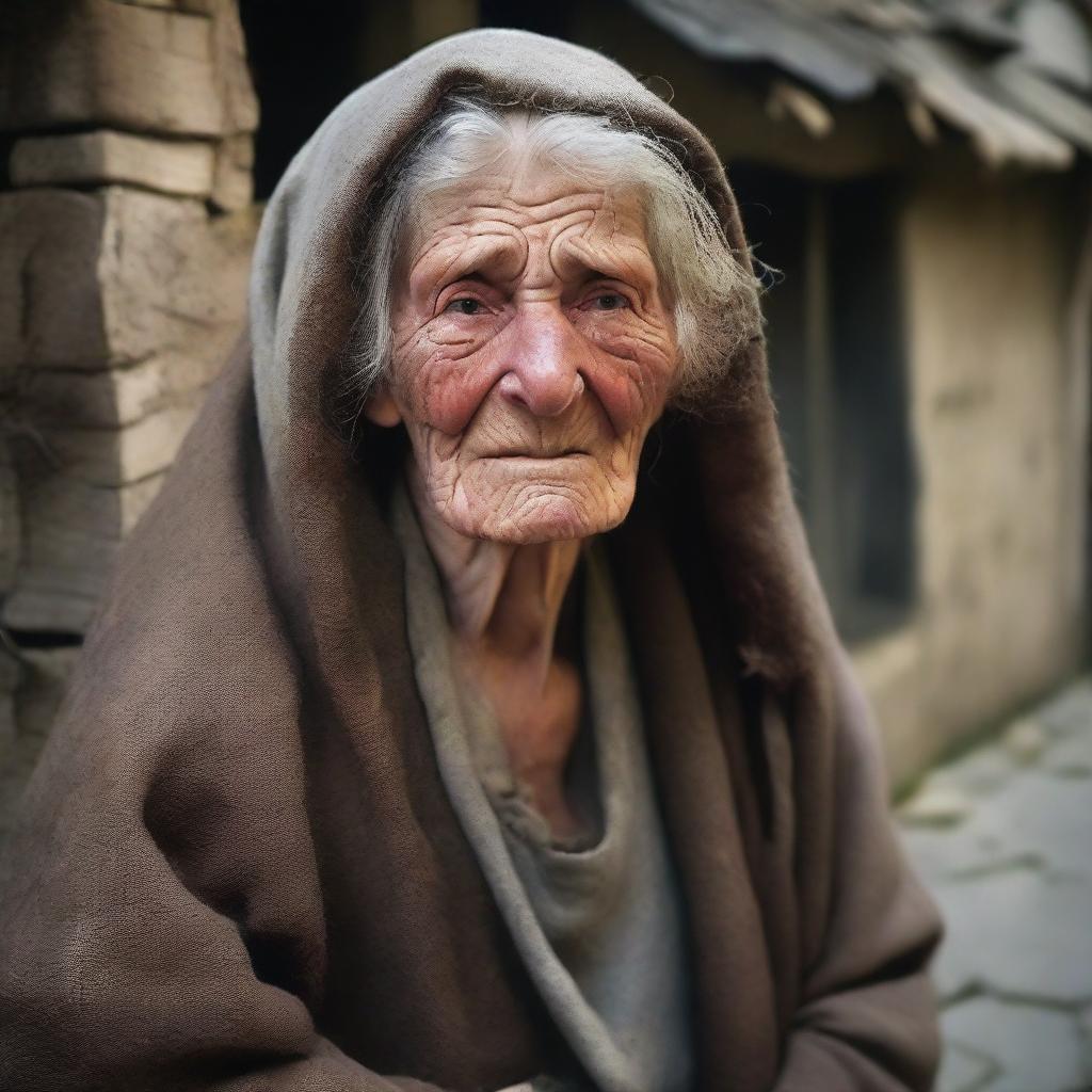 Create an image of a poor medieval old woman