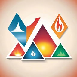 Create an image featuring a triangle divided into four sections, each representing an element: fire, air, water, and land