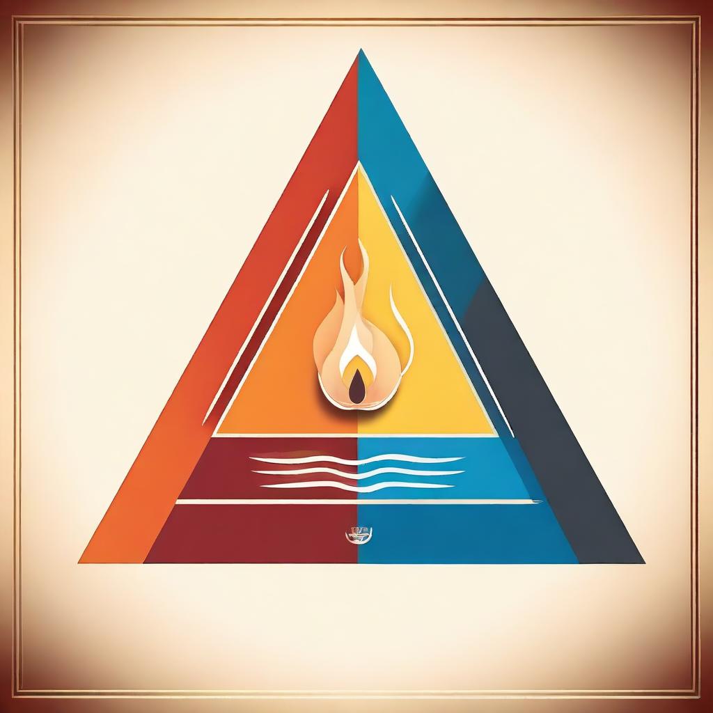 Create an image featuring a triangle divided into four sections, each representing an element: fire, air, water, and land