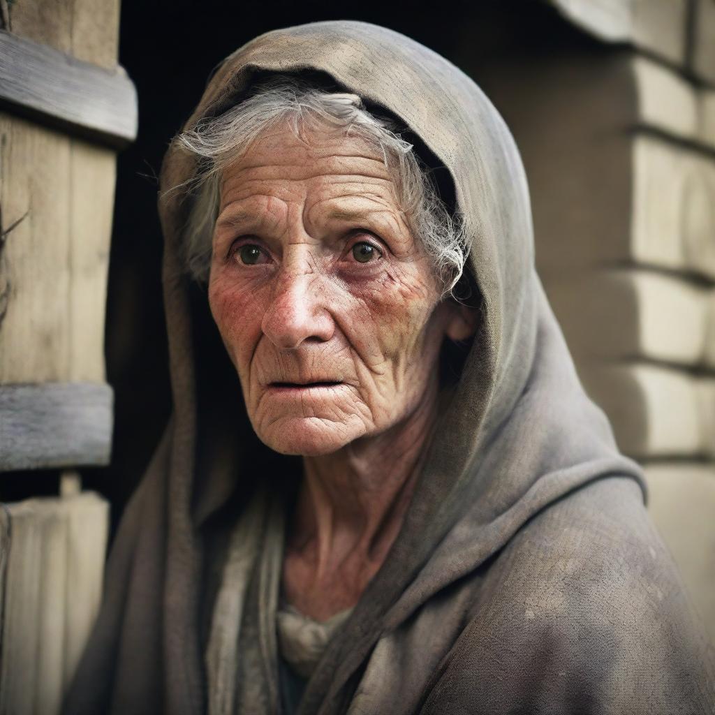 Create an image of a poor medieval middle-aged woman