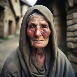 Create an image of a poor medieval middle-aged woman