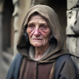 Create an image of a poor medieval middle-aged woman