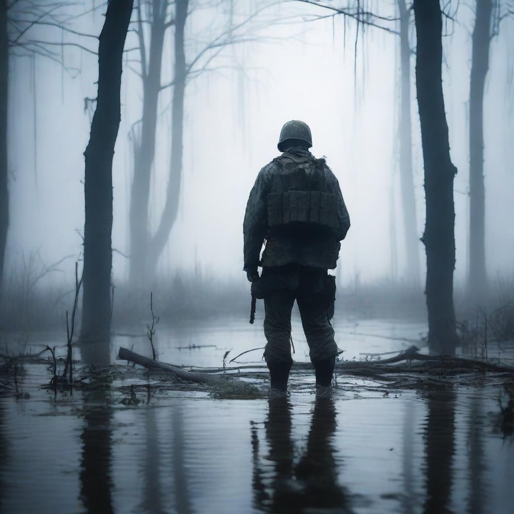 A soldier standing in a vast, eerie swamp with mist rising from the water