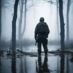 A soldier standing in a vast, eerie swamp with mist rising from the water