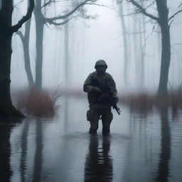 A soldier standing in a vast, eerie swamp with mist rising from the water