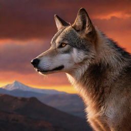 A majestic wolf, eyes fixed on a distant mountain hosting the crucifixion site of Jesus, bathed in the fiery hues of a dramatic sunset.