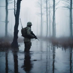 A soldier standing in a vast, eerie swamp with mist rising from the water