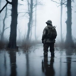 A soldier standing in a vast, eerie swamp with mist rising from the water