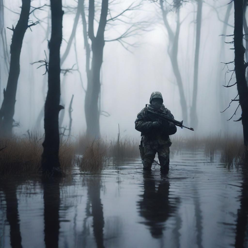 A soldier standing in a vast, eerie swamp with mist rising from the water