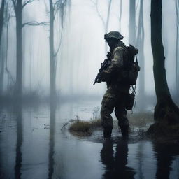 A soldier standing in a vast, eerie swamp with mist rising from the water