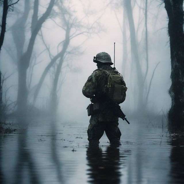 A soldier standing in a vast, eerie swamp with mist rising from the water