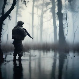 A soldier standing in a vast, eerie swamp with mist rising from the water