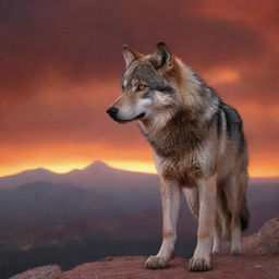 A majestic wolf, eyes fixed on a distant mountain hosting the crucifixion site of Jesus, bathed in the fiery hues of a dramatic sunset.