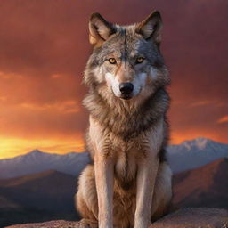 A majestic wolf, eyes fixed on a distant mountain hosting the crucifixion site of Jesus, bathed in the fiery hues of a dramatic sunset.