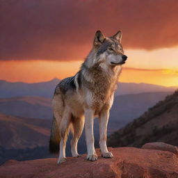 A majestic wolf, eyes fixed on a distant mountain hosting the crucifixion site of Jesus, bathed in the fiery hues of a dramatic sunset.