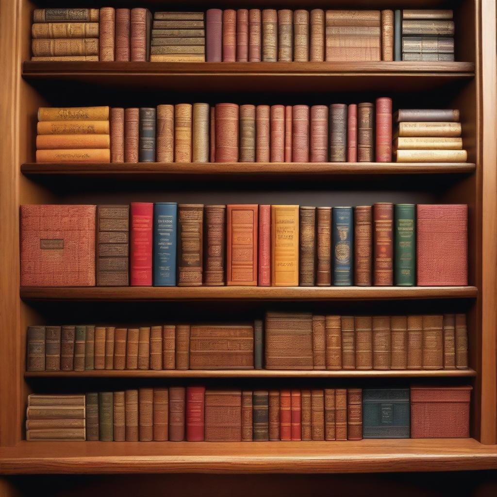 A collection of books on a wooden shelf, each with different colorful covers, some with intricate designs and titles