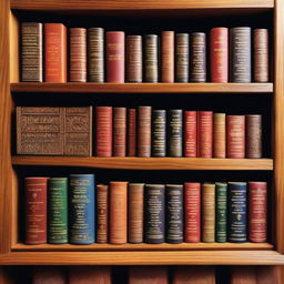 A collection of books on a wooden shelf, each with different colorful covers, some with intricate designs and titles