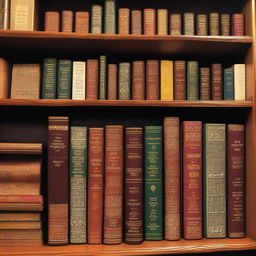 A collection of books on a wooden shelf, each with different colorful covers, some with intricate designs and titles