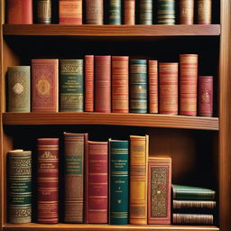 A collection of books on a wooden shelf, each with different colorful covers, some with intricate designs and titles