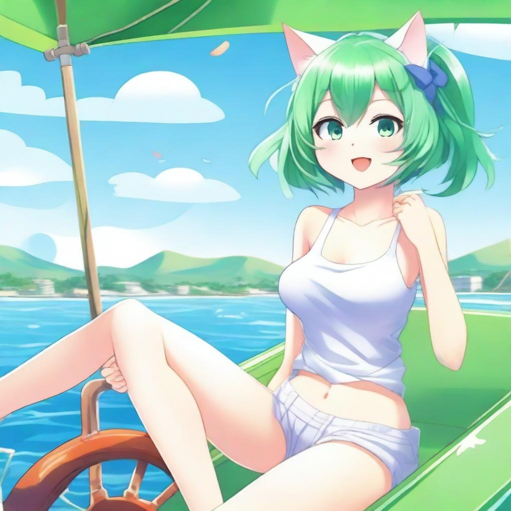 A green-haired cat girl enjoying a sunny summer day on a boat