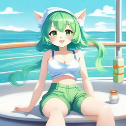 A green-haired cat girl enjoying a sunny summer day on a boat