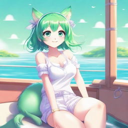 A green-haired cat girl enjoying a sunny summer day on a boat