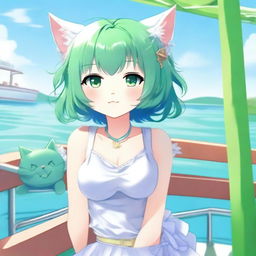 A green-haired cat girl enjoying a sunny summer day on a boat