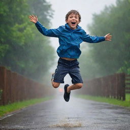 A joyous boy mid-jump under a torrent of falling rain, droplets scattered mid-air, creating a captivating and dynamic scene.