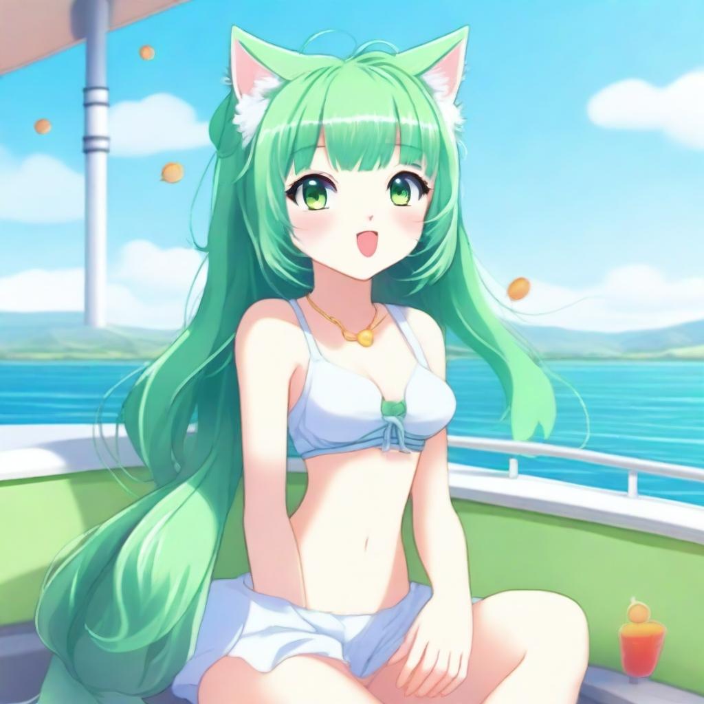 A green-haired cat girl with long hair enjoying a sunny summer day on a boat