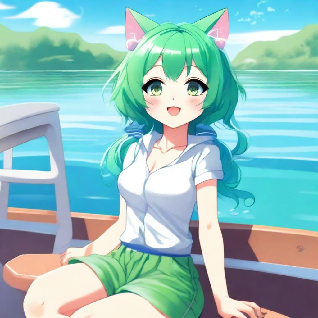 A green-haired cat girl with long hair enjoying a sunny summer day on a boat